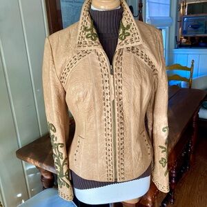 Double D Ranch Tan Leather Jacket with Olive Green Embroidery